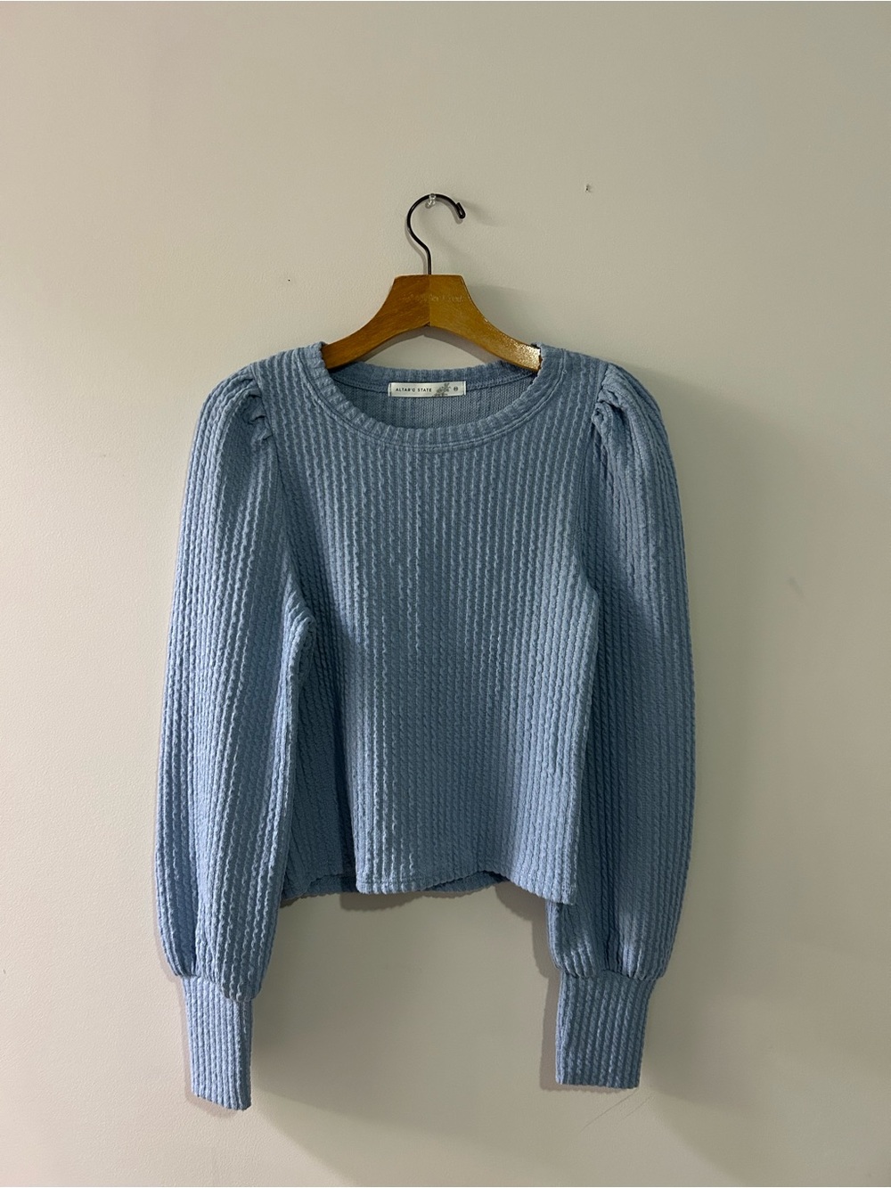 Altar'd State Powder Blue Ribbed Puff-Sleeve Crew Sweater